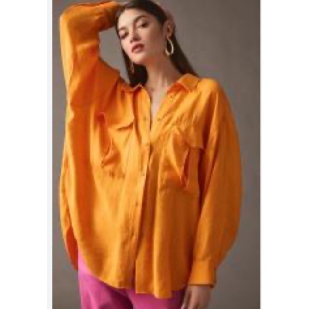 Maeve Anthropologie Moss Katie LS Blouse Orange Oversized Utility M